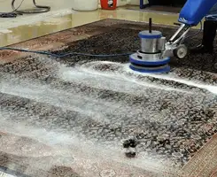 Professional rug cleaning with a rotary floor machine and shampoo foam, deep-cleaning an area rug, in Arvada, CO.